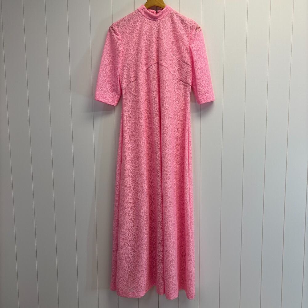 Vintage Women's Event Feminine Fairy Floral Lace Maxi Gown Size M Pink Chic